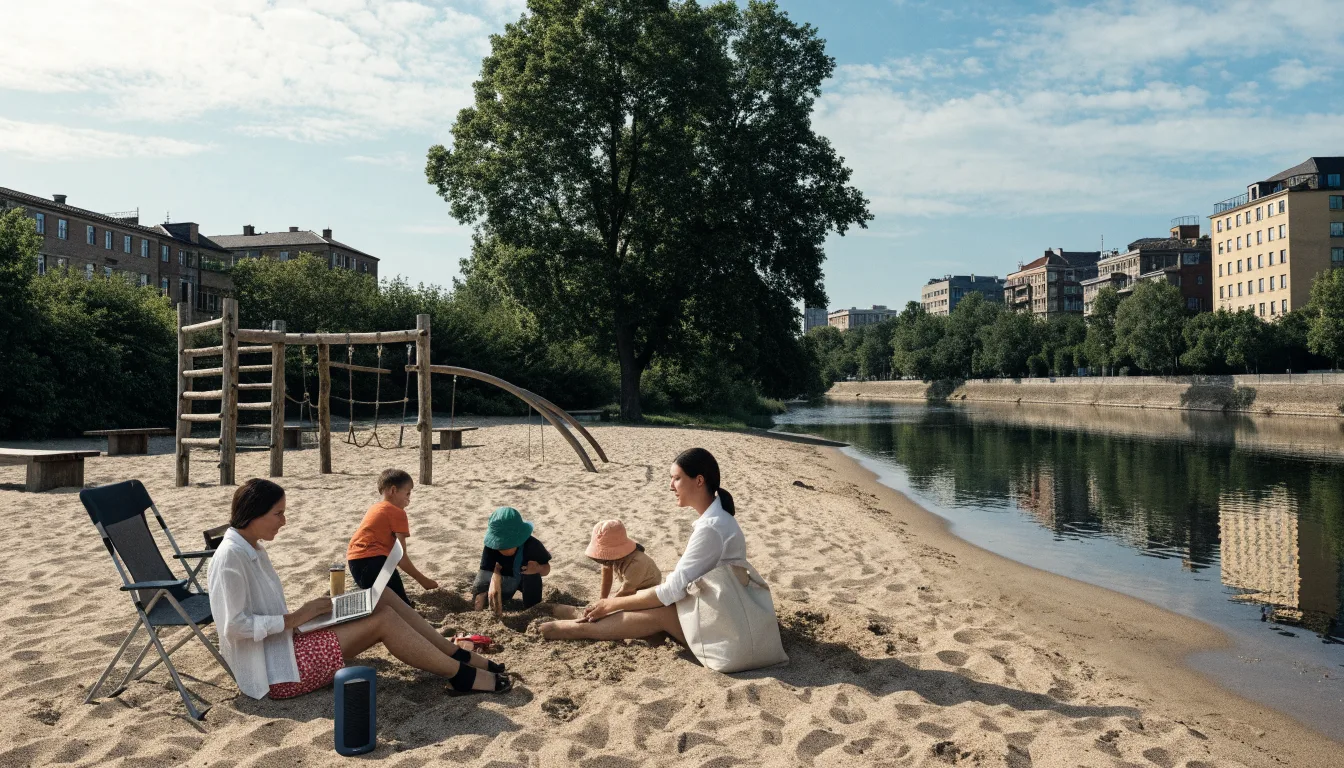 Rodzina odpoczywająca na piaszczystej plaży obok placu zabaw