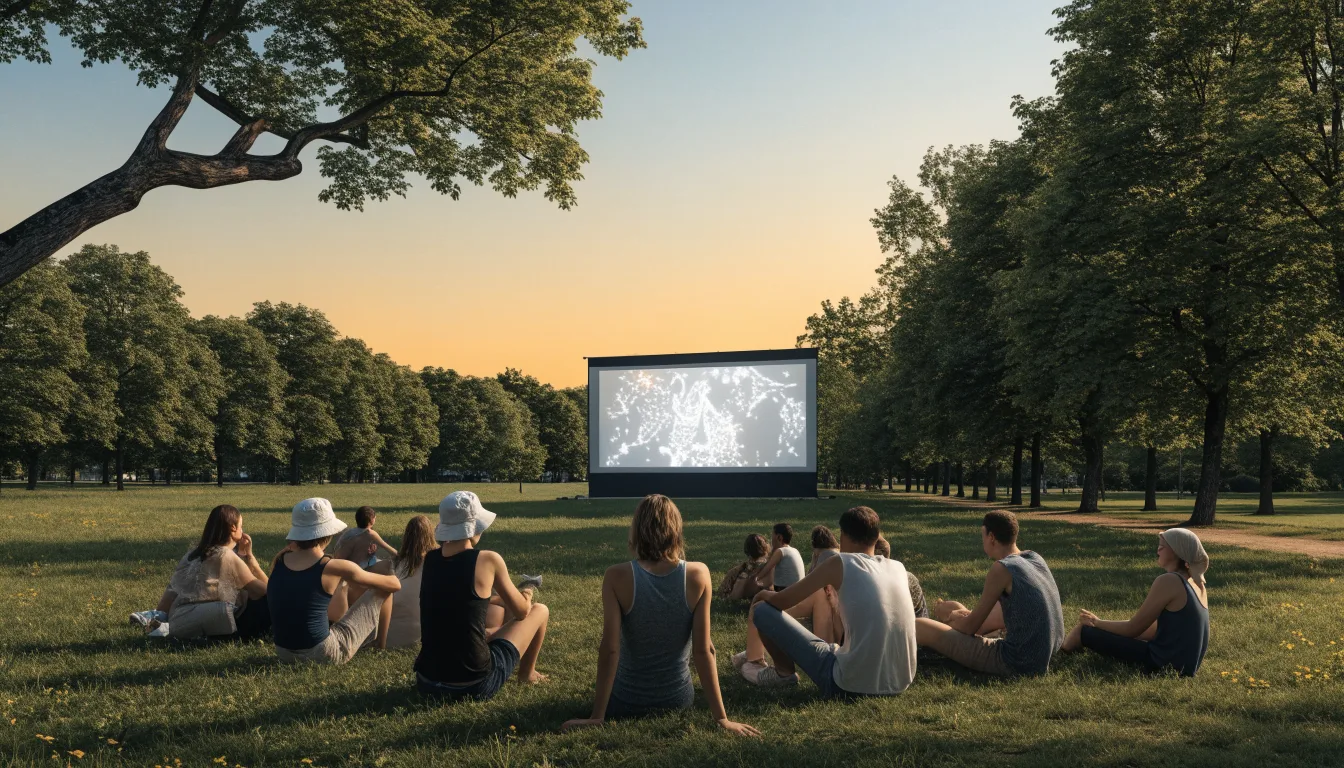 Widzowie oglądający film na ekranie ustawionym w parku o zmierzchu