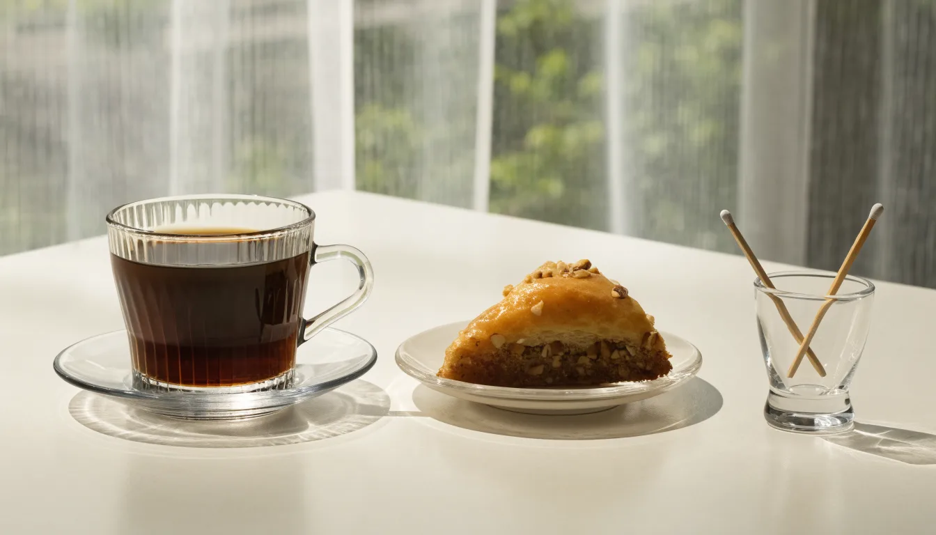 Filiżanka kawy, baklawa i matcha podane na stoliku