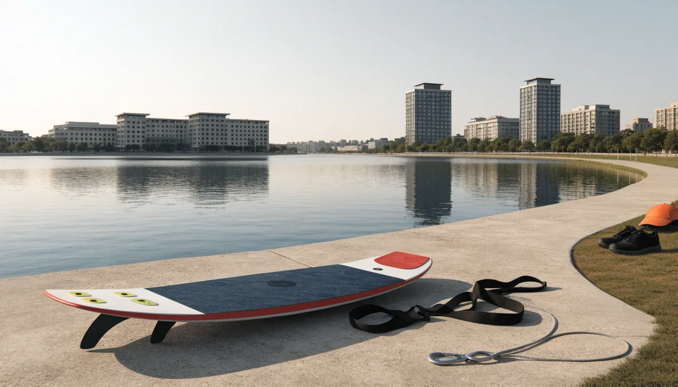 Sprzęt do wakeboardu przy brzegu miejskiego zbiornika