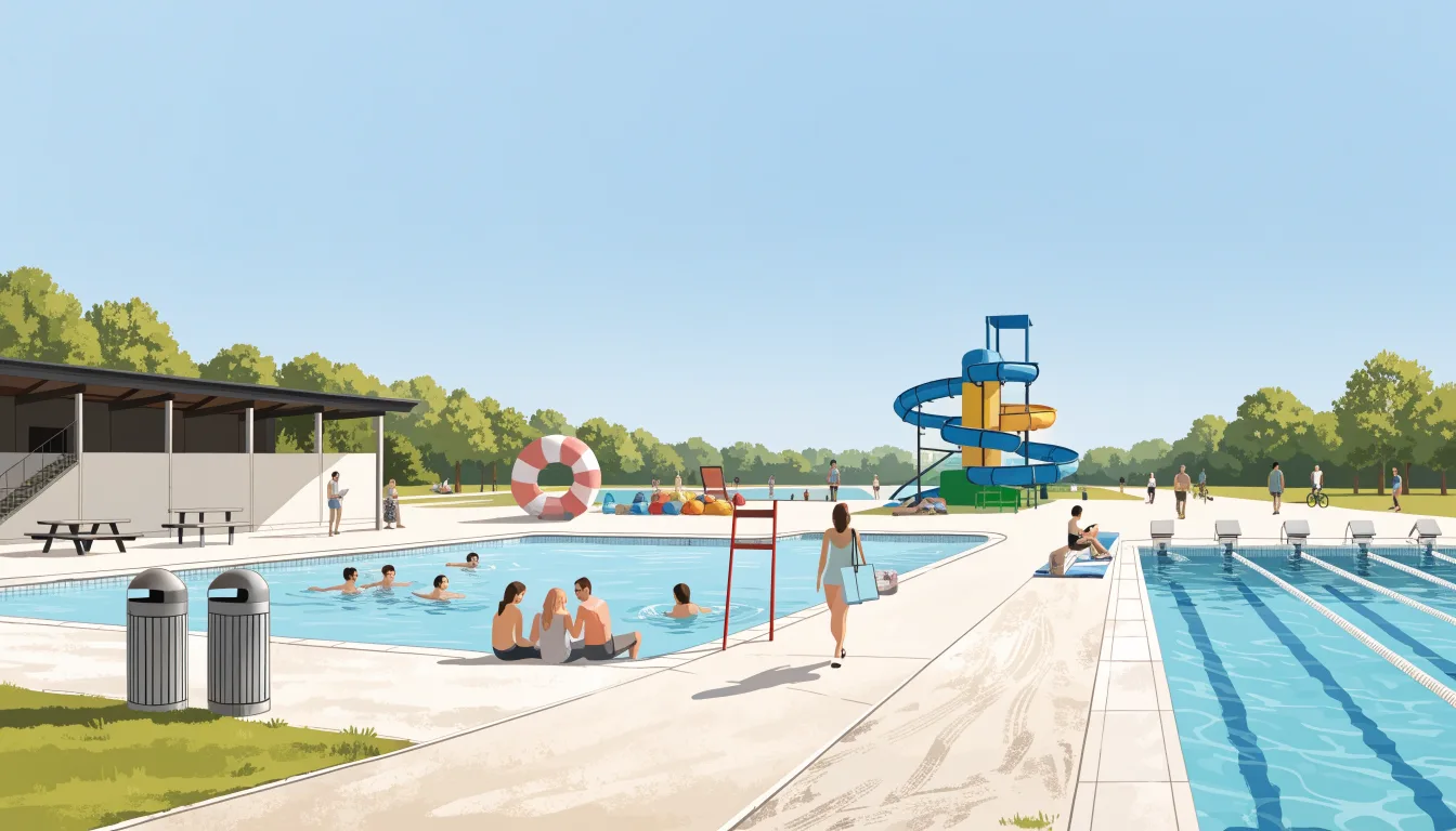 Ilustracyjny widok odkrytych basenów, brodzika i zjeżdżalni w letnim kompleksie