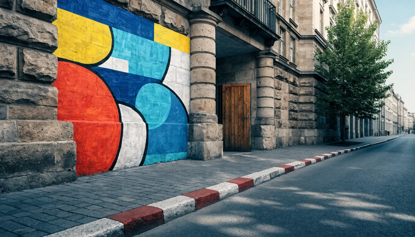 Ilustracyjna kamienica z muralem i bramą widoczną od strony ulicy