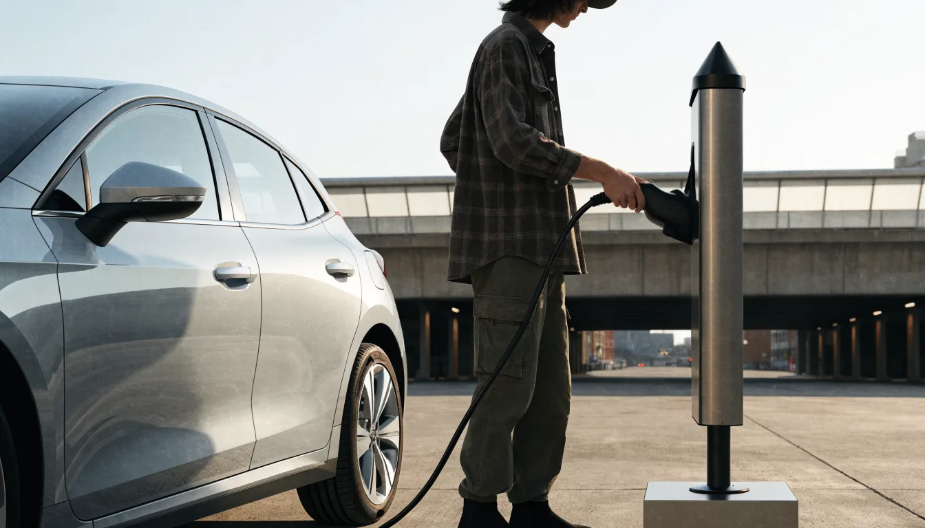 Samochód elektryczny podłączony do ładowania na parkingu miejskim