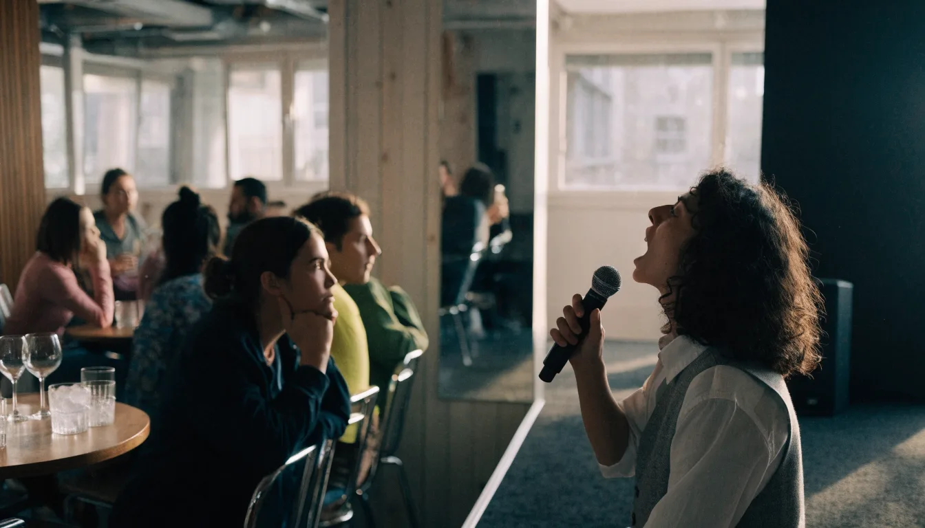 Uczestnik śpiewa karaoke na scenie przed gośćmi pubu