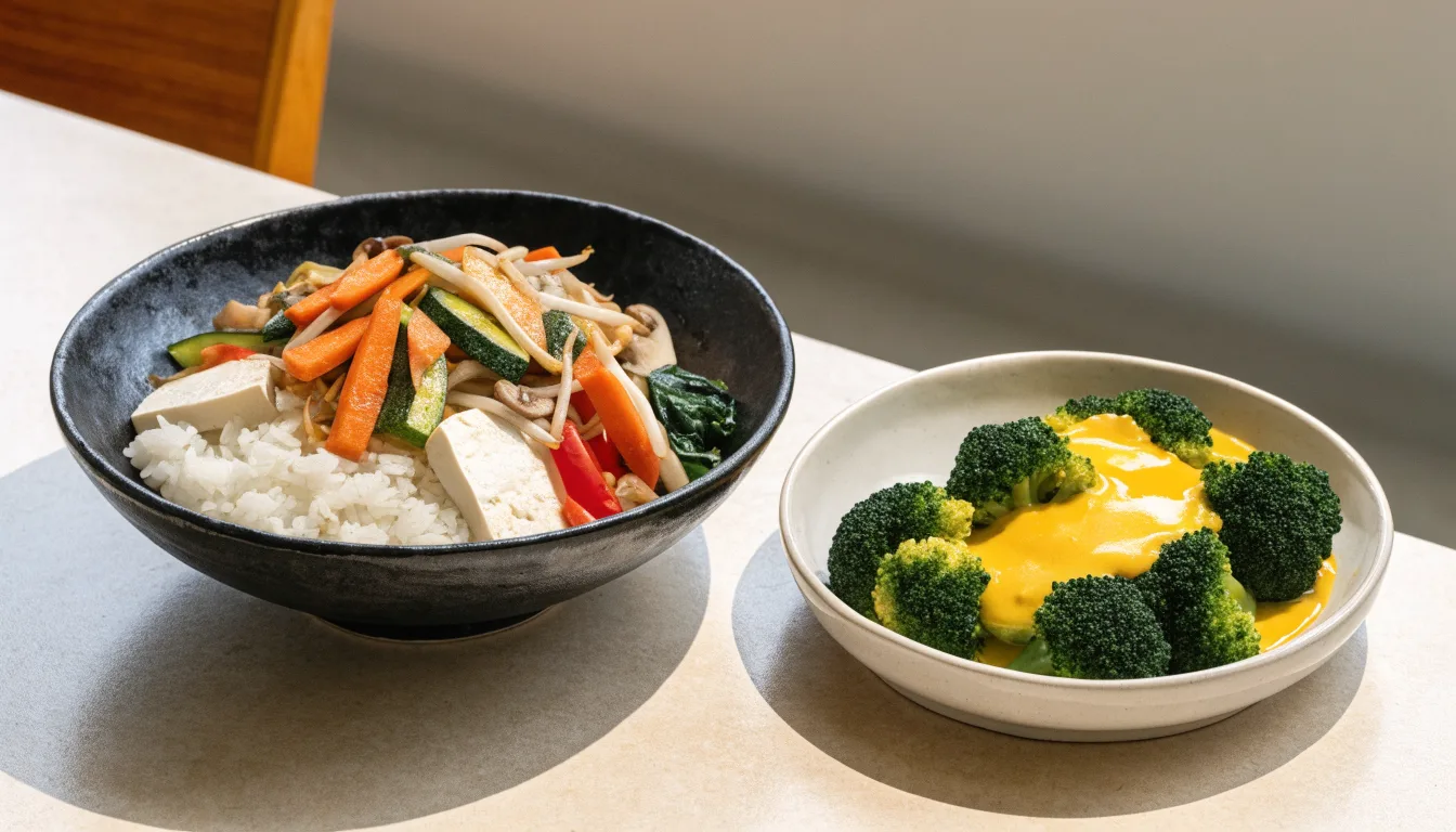 Bibimbap z warzywami obok kalafiora w żółtym sosie