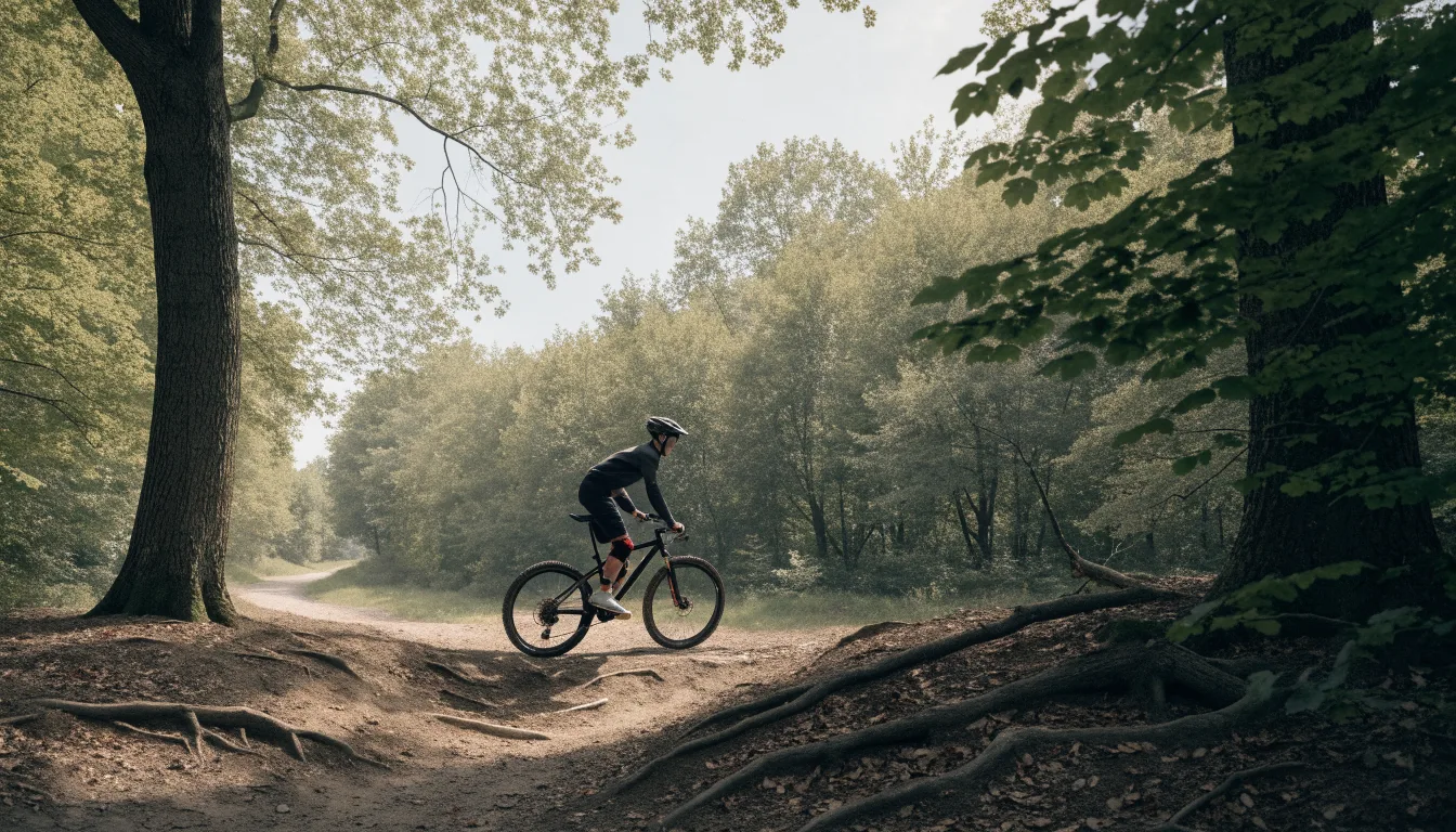 Rowerzysta jedzie leśnym singletrackiem między drzewami
