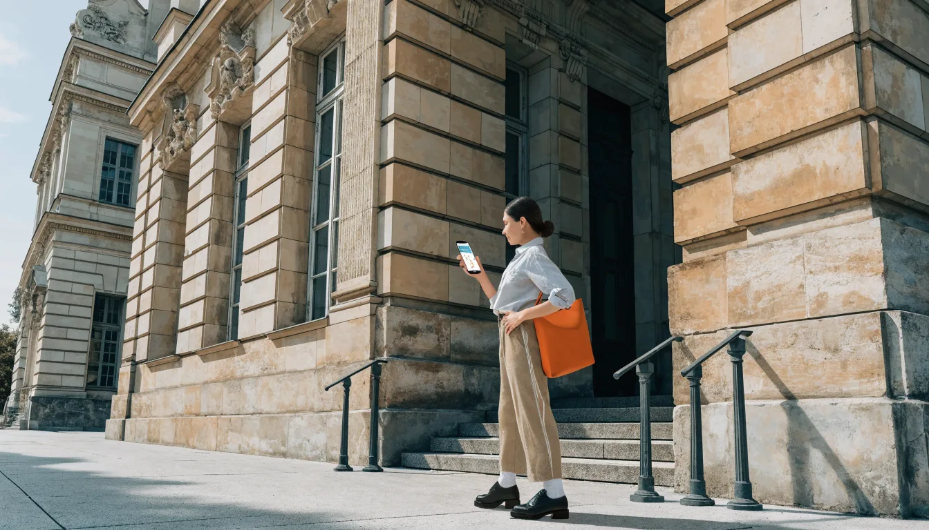 Osoba sprawdza na telefonie lokalizację muzeum przed wizytą