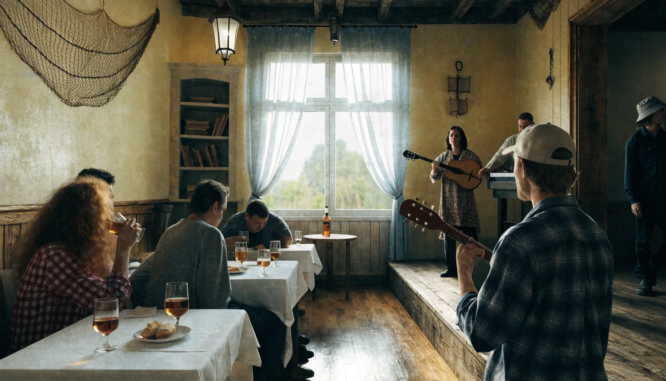 Ilustracyjny koncert folkowy w lokalu z publicznością przy stolikach