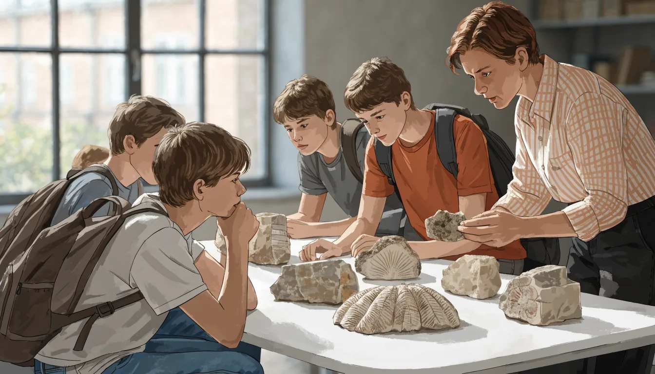Uczniowie oglądają próbki skał i skamieniałości podczas zajęć edukacyjnych