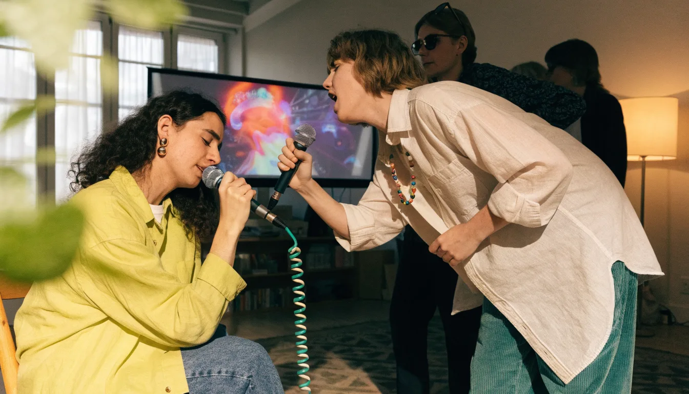 Znajomi śpiewają karaoke w prywatnym pokoju
