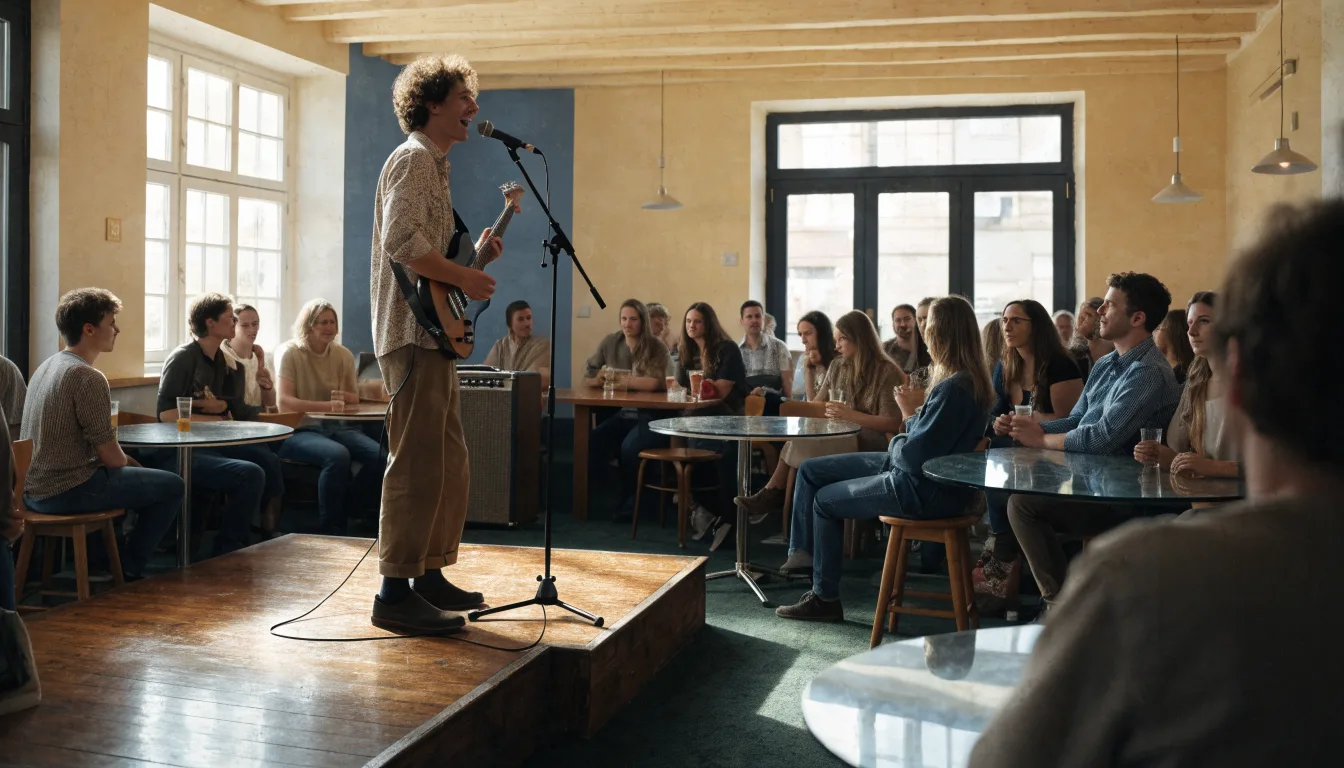 Muzyk z gitarą występuje przed gośćmi pubu