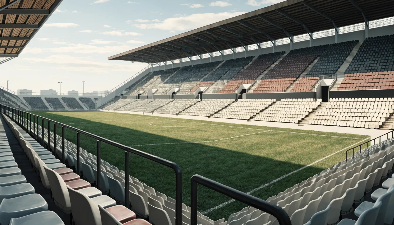 Widok na murawę i zadaszone trybuny stadionu piłkarskiego
