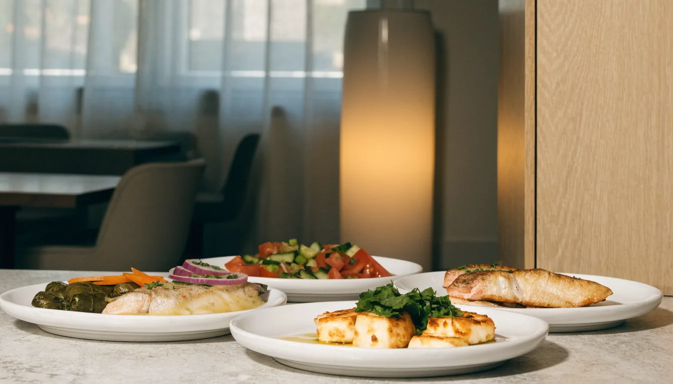 Małe talerze greckich meze przygotowane do wspólnego jedzenia